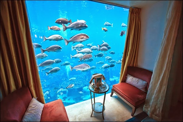 View of the Ambassador Lagoon aquarium in the Neptune Suite of the Hotel Atlantis, Dubai, UAE.