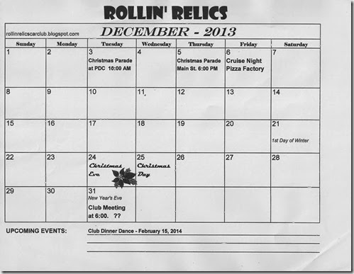 Rollin' Relics December 2013 Calendar