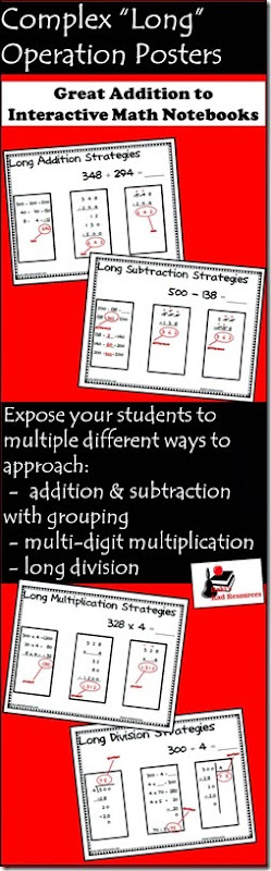 Complex Operations Posters - each free math poster introduces three different strategies to solve complex operation problems: long division, addition with regrouping, subtracting across zeros, multiple digit multiplication - from Raki's Rad Resources