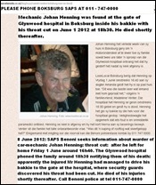 Henning Johan Boksburg June 1 2012 throat cut shows up at hospital in bakkie dies shortly thereafter June 1 2012