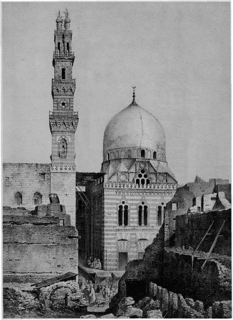 Mosque and mausoleum of Sultan Qansuh al-Ghuri, 16th century. This view highlights the mausoleum's dome and mosque's minaret, which crown the mercantile area below. The double- bulbed minaret, not part of the original structure, was inspired by minarets from the mosques of Qanibay al-Rammah as well as al-Ghuri at al- Azhar.