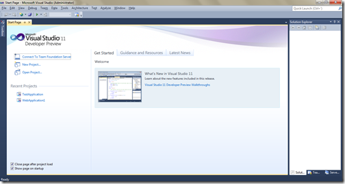 Start Page of Visual Studio 11 Developer Preview