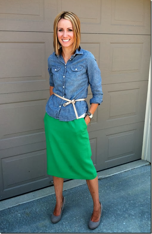 Chambray + Colored Pencil Skirt + Belt + Nude Heels