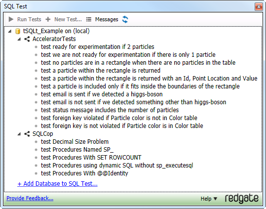 Il corridore di test SQL che mostra le prove del database di esempio