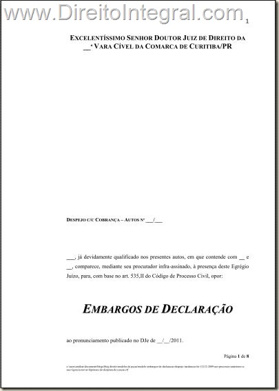 Modelo de Petição de Embargos de Declaração com efeito modificativo.