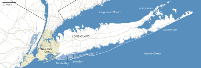 Loing Island after 5 feet of sea level rise, the likely level 100 to 300 years. Barrier islands start to submerge; other islands in Middle and East Bays disappear. Shore of main island moves inland. The New York Times