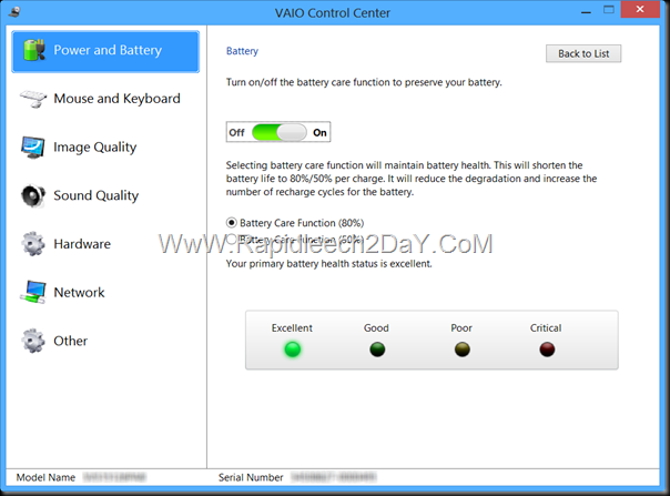 Vaio control center - battery care function