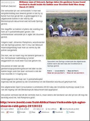 Afrikaner man torched in car Blesbokspruit nature reserve Springs March 21 2012 Grootvlei mine