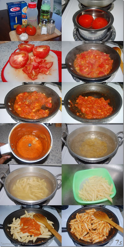 Penne pasta with tomato sauce process