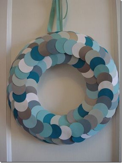 Winter wreath--cardstock paper circle wreath in blues, grays, and white
