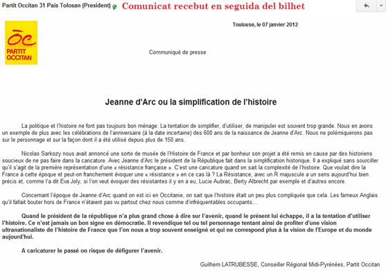 comunicat del Partit Occitan sobre Jeanne d'Arc