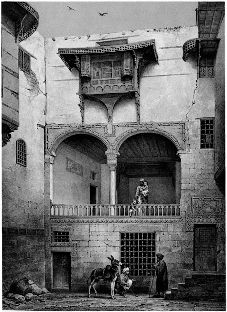 Bayt al-Shalabi, courtyard, 18th century. With Prisse's focus on details at multiple depths. The complexities of domesticity emerge. Private and public space are explored wrth social constructs that position people in the building: male servants busy themselves on the ground, a female servant looks on from above, while cloistered ladies are presumably hidden behind the mashrabiya.