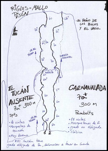 Riglos - Pison - Carnavalada 300m 7b (6a A0 Oblig) (Dibujo)