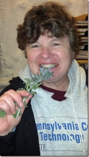 Linda eating kale