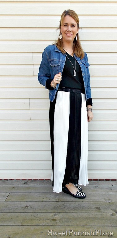 black and white striped maxi skirt, black shirt, Denim jacket, zebra flats1