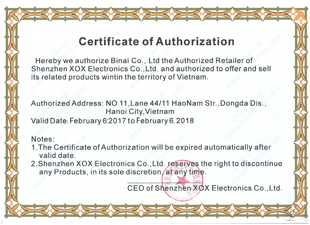 Binai phân phối chính thức XOX tại Việt Nam Certificate of XOX