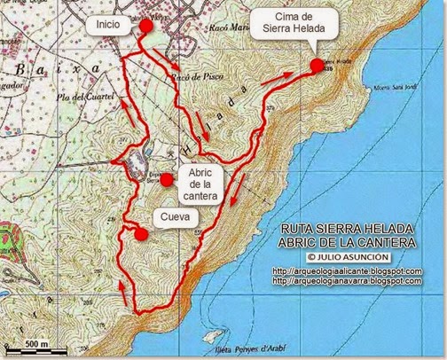 Mapa ruta sierra Helada - Abric de la cantera