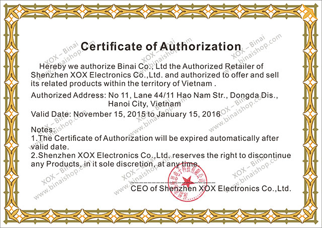 Chứng nhận phân phối chính hãng XOX 2017 Ruizu Certificate 2017