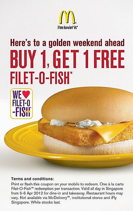 McDonalds Filet O Fish One for One Singapore offer Dine-in Takaways McDelivery, iFLY schools