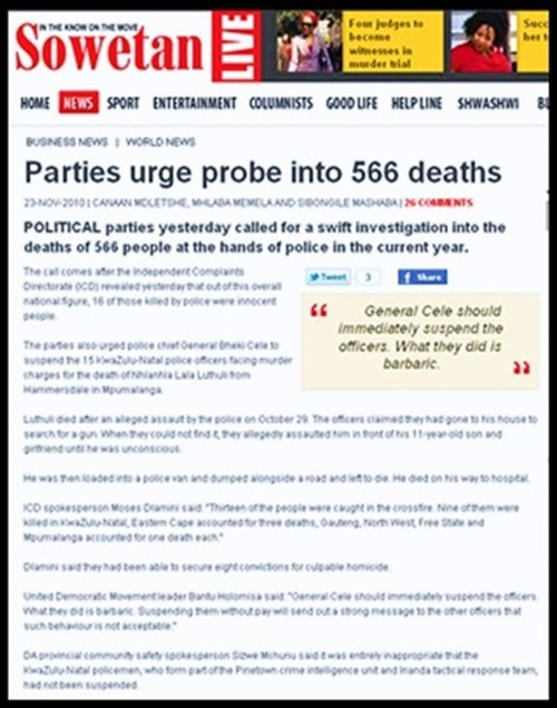 SAPS 566 PEOPLE KILLED IN POLICE CUSTODY IN 2010 Sowetan