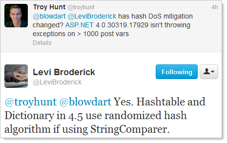 Hashtable e Dictionary nel 4,5 utilizzare randomizzato algoritmo hash se si utilizza StringComparer.