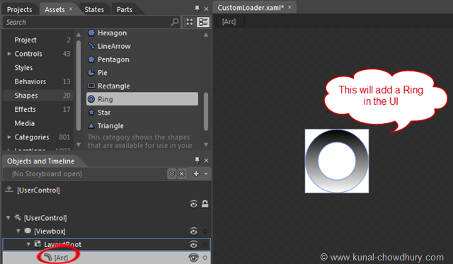 Ring Control from the Shapes Assets Added to the LayoutRoot Canvas