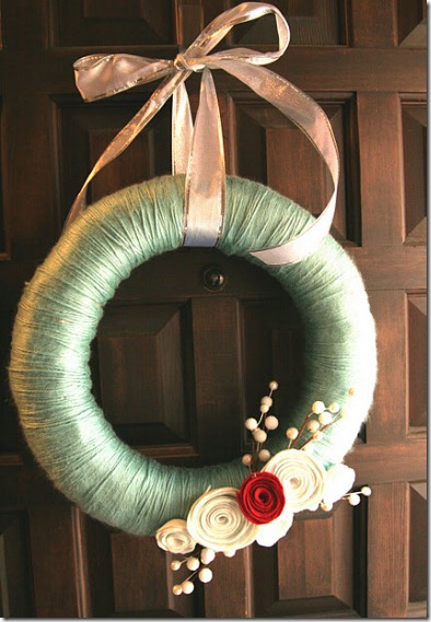 Winter wreath--yarn wrapped wreath with rolled felt flowers