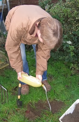Garden earthworm survey - pouring the mustard solution