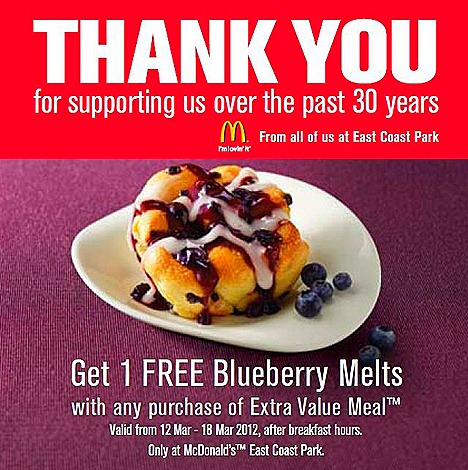McDonalds East Coast Park Closing Offer, Free Blueberry Melts with Extra Value Meal purchase