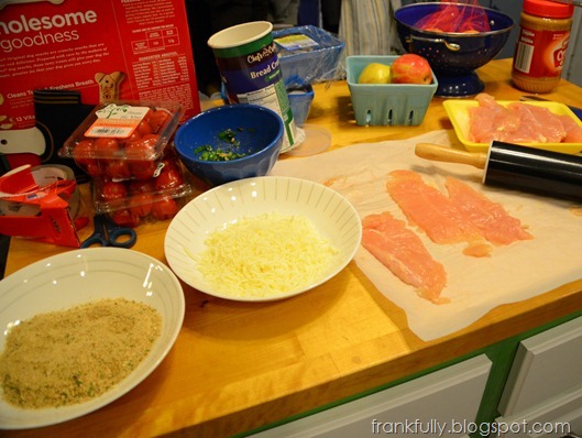 breadcrumbs, mozzarella, basil/garlic, and chicken ready to go breadcrumbs, mozzarella, basil/garlic, and chicken ready to go