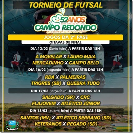 Futsal - 53 anos Campo Redondo - EMANCIPAÇÃO - FLAJOVEM - A MOVELAR - LAURO MAIA - QUEBRA TUDO - RDA - CRC - MERCADINHO - CAMPO BELO - SALGADO - TRIGES - SERRANO - PEGADO - VETEREANOS