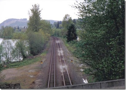 View of the BNSF Main Line from the Weyerhaeuser Woods Railroad (WTCX) at Rocky Point, Washington on May 17, 2005