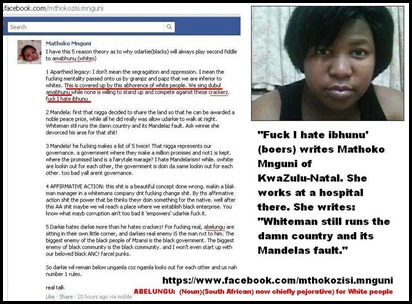 BLACK RACIST HATE SPEECH Mathoko Mnguni Fuck I hate Ibhunu May2012