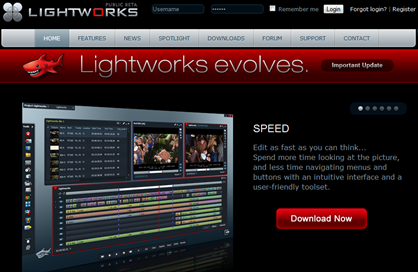 Screenshot da página inicial dos produtores do Lightworks
