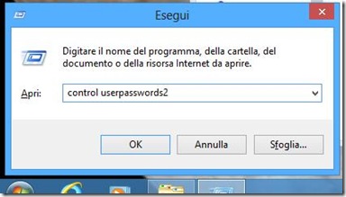 Windows 8 comando per accedere alle impostazioni Account utente