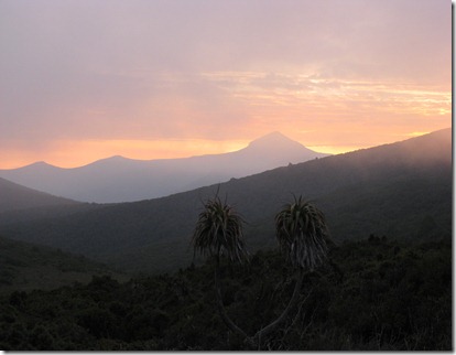 Sunset over Mount Wylly with small peaks and Leaning Tea Tree Saddle