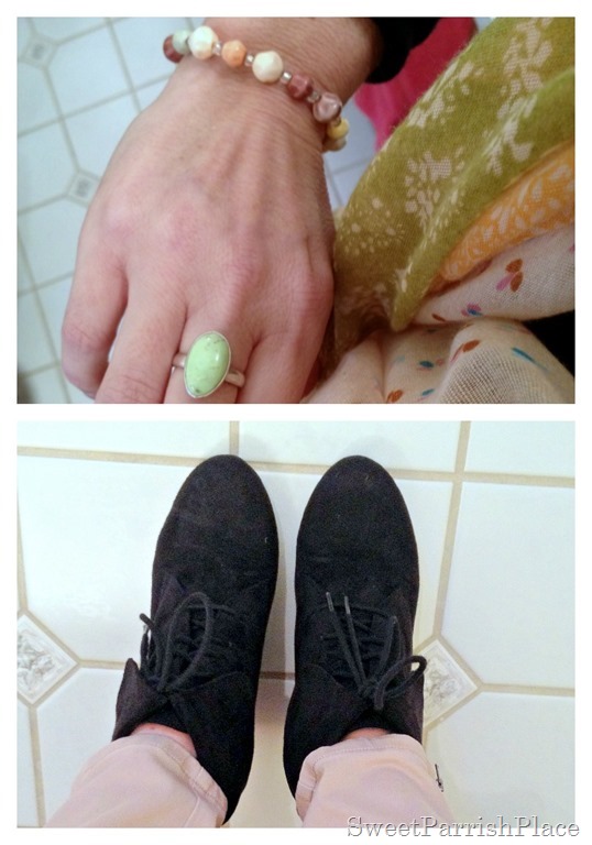 black ankle boots and mint ring