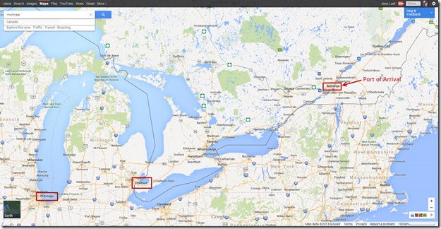 Googlemap showing Carl Gillberg's Port of Arrival in Montreal Canada