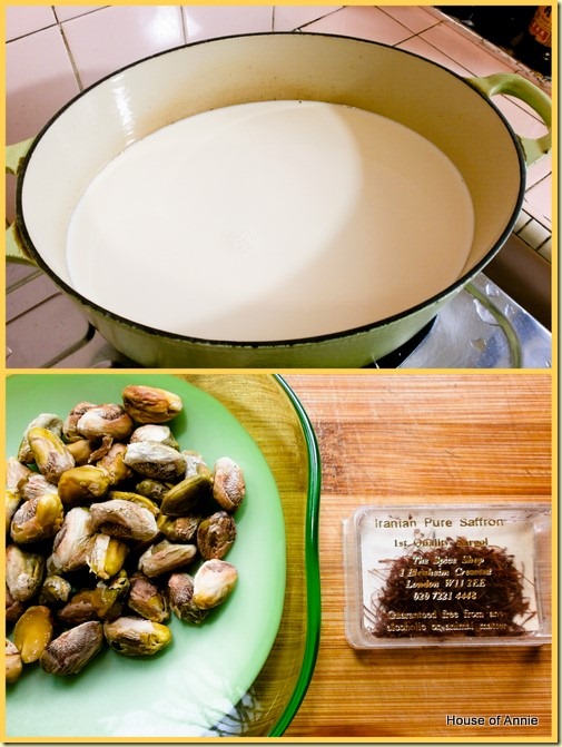 kulfi ingredients - milk pistachios saffron