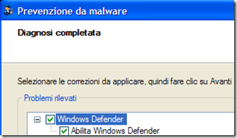 Prevenzione da malware Fix it Microsoft Diagnosi completata