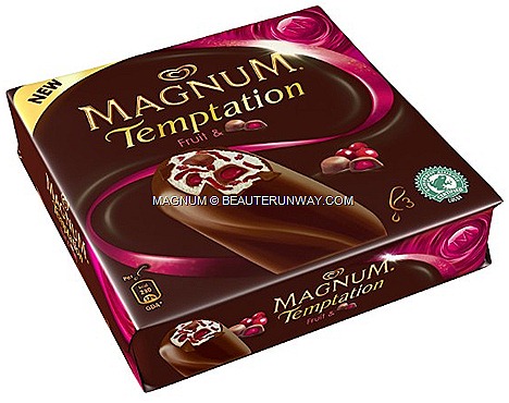 Magnum New Temptation Fruit bon bon vanilla ice cream swirled fruit of the forest  sauce juicy cranberry pieces dark chocolate