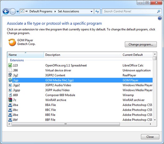 Jendela untuk mengatur default program di Windows 7