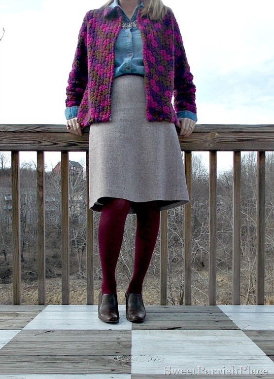 Vintage jacket, denim shirt, wook skirt, marsala tights, brown booties1