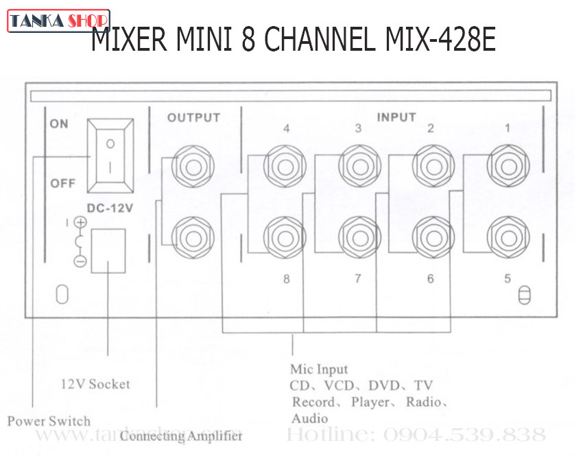 Bàn trộn âm thanh 8 cổng Mixer mini MIX-428E Bàn trộn âm thanh 8 cổng Mixer mini MIX-428E