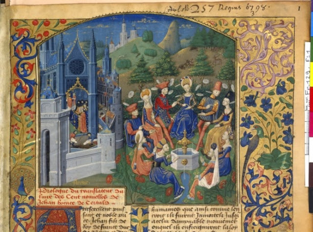 Decameró. Epidèmia de pesta a Florència (1348) i la brigata explicant-se contes (París, Bibliothèque National de France, ms. Français 129, fol. 1, detall; Mestre de l'Echevinage, 1465?-1470?) (font: BNF-Banque d'images)