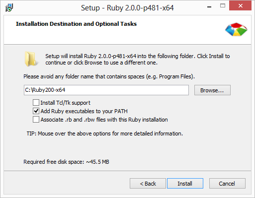 Il programma di installazione di Ruby per Windows