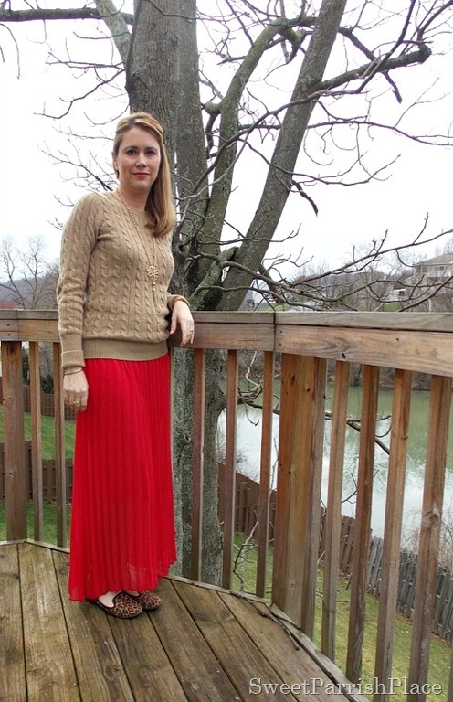 red maxi skirt, tan sweater, leopard flats