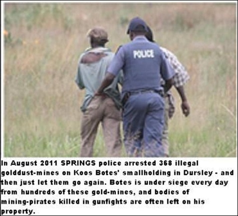 BOTES KOOS 100s of illegal panners arrested let go again destroy his property Dersley SpringsAug262011