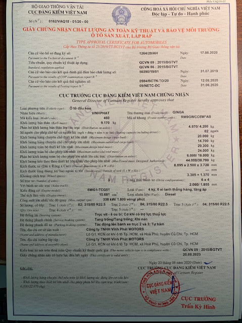 Giấy tờ xe đầu kéo Ginga 460 Giấy tờ xe đầu kéo Ginga 460