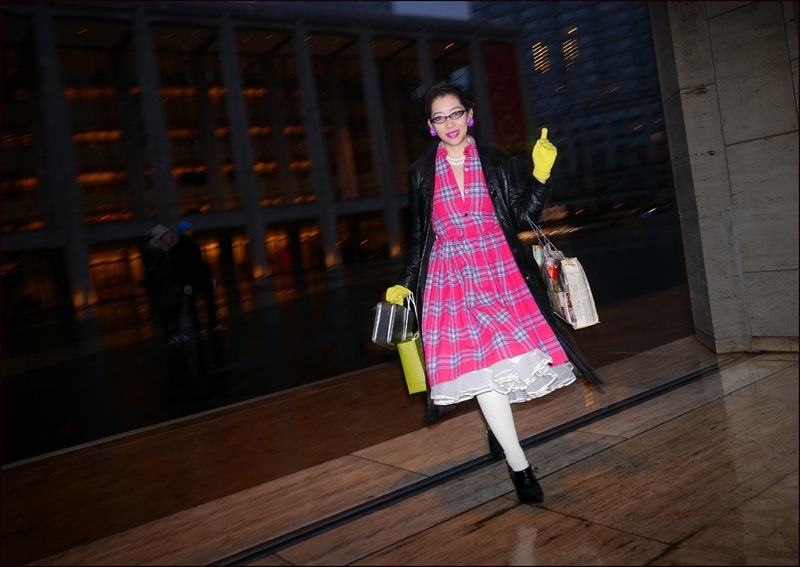 fw 2-2013 slippery when wet 3 bright pink plaid dress white petty coats black leather long coat yellow gloves ol